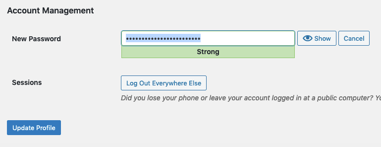 Screenshot: Account Management Form to Enter New WordPress Backend Password