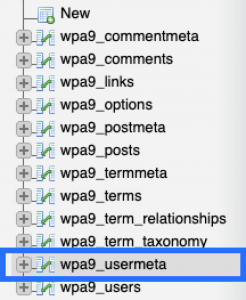 Screenshot: List of Tables on Left-Hand Side Panel Highlighting 'wpa9_usermeta'