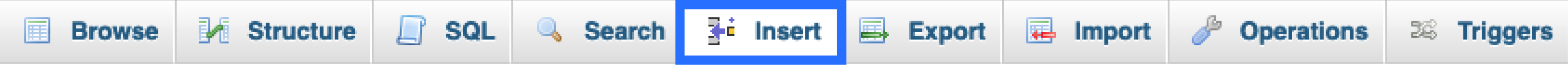 Screenshot: Row of Tabs (Browse, Structure, SQL, Search, Insert, Export, Import, Operations, Triggers)