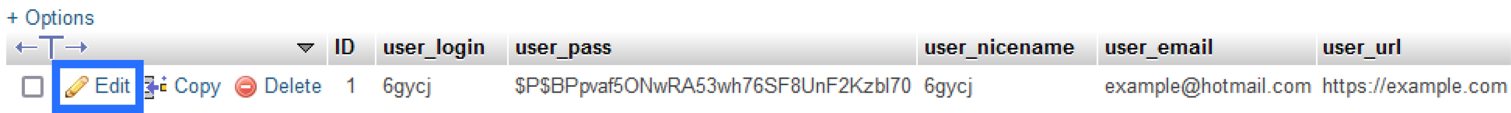 Screenshot: Entries Within 'wpa9_user' Highlighting the 'Edit' Button