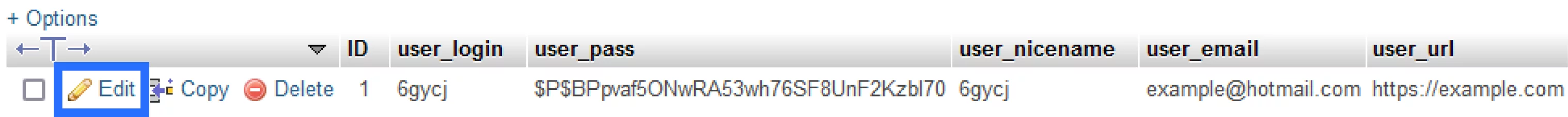 Screenshot: Entries Within 'wpa9_user' Highlighting the 'Edit' Button