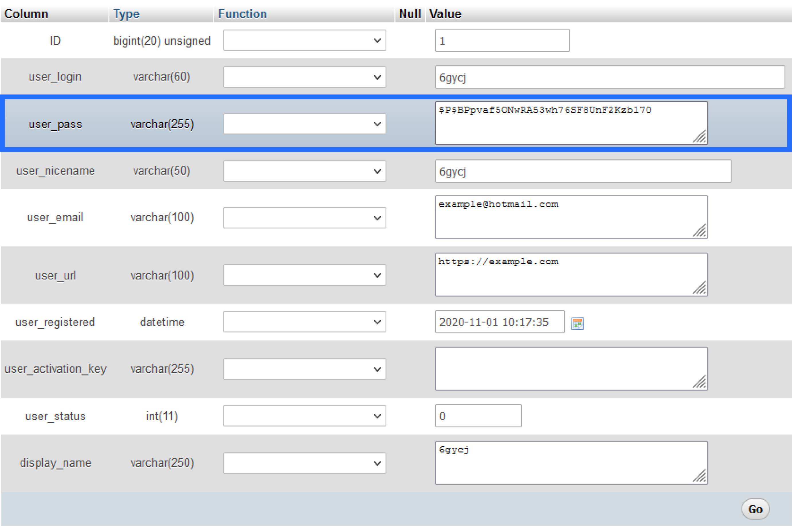 Screenshot: Form with a List of Entries Highlighting 'user_pass'