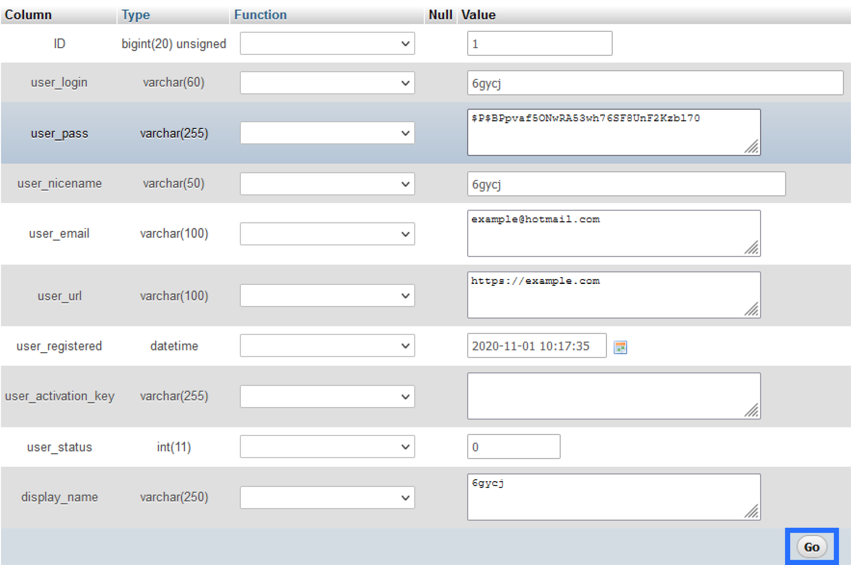 Screenshot: Completed Form with New WordPress Backend Password Details