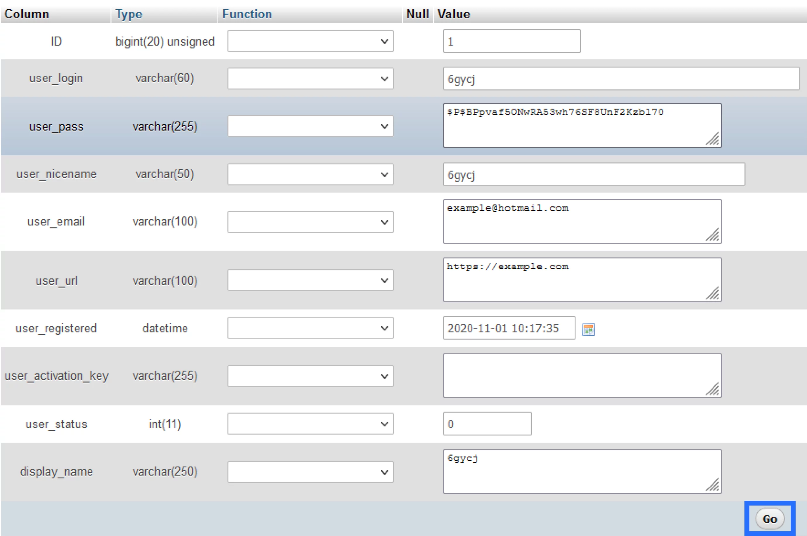 Screenshot: Completed Form with New WordPress Backend Password Details