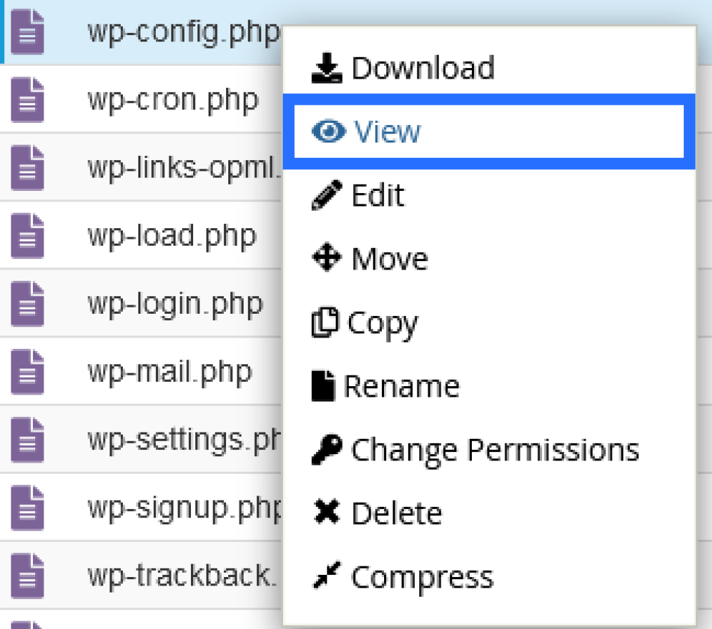 Screenshot: Right-Click Drop-Down List for 'wp-config.php'