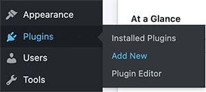 Screenshot: Left-Hand Side Panel of WordPress Backend Highlighting Menu Items 'Plugins' and 'Add New'