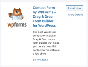 Screenshot: WPForms Plugin in WordPress with 'Install Now' Button
