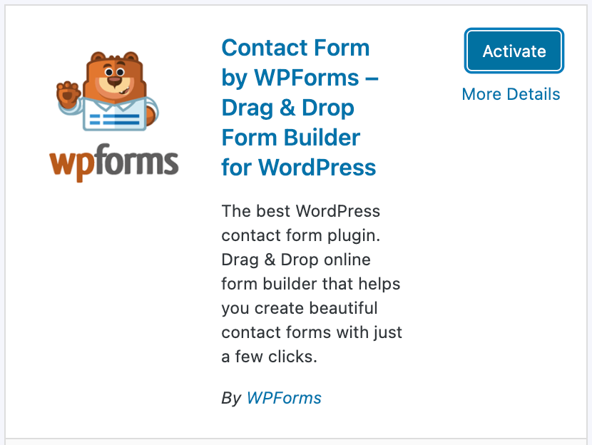 Screenshot: WPForms Plugin in WordPress with 'Activate' Button