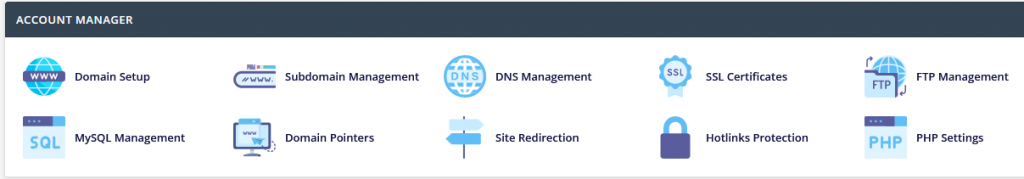 Screenshot: Account Manager section of the control panel.
