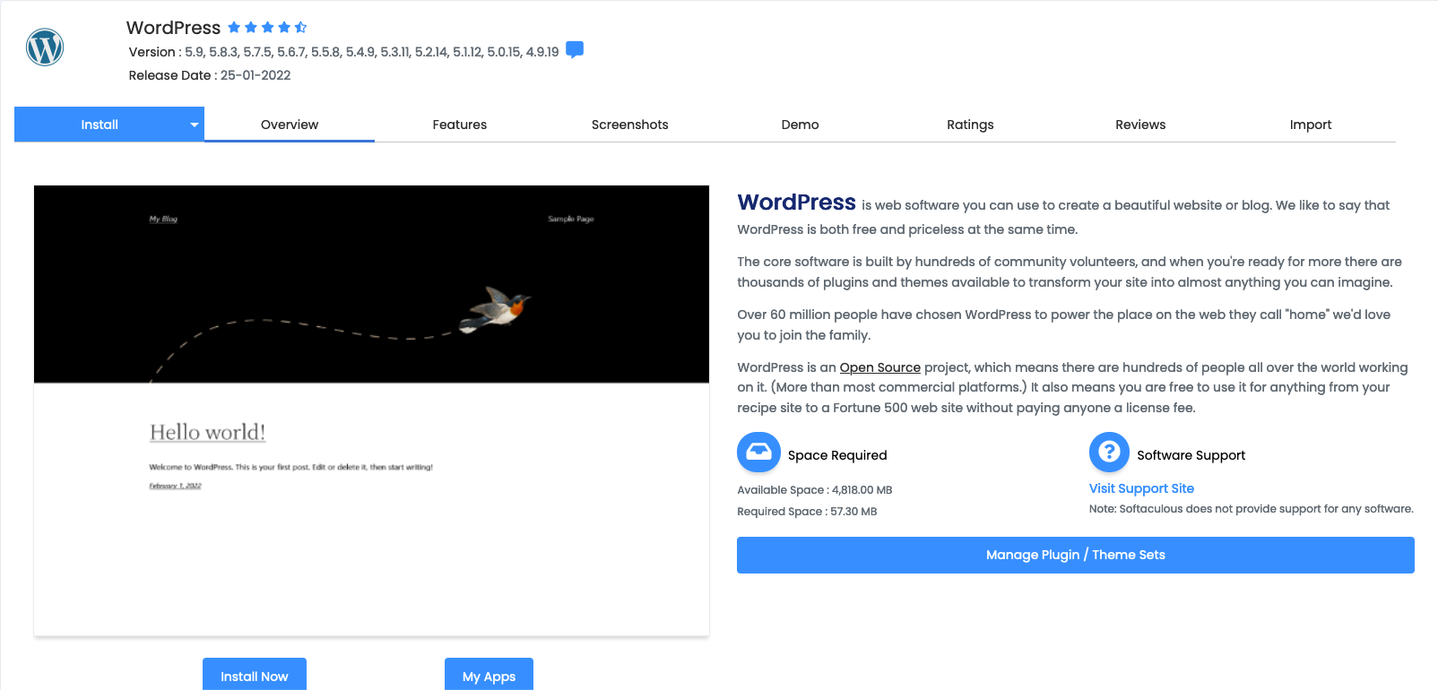 WordPress Installer Page in Softaculous