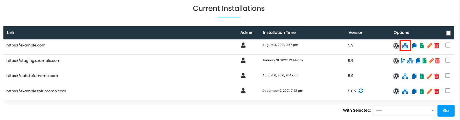 Current Installations Section of WordPress Installer Page