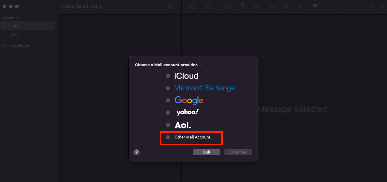 Choose a Mail Account Provider Pop-Up Box on Mac Mail