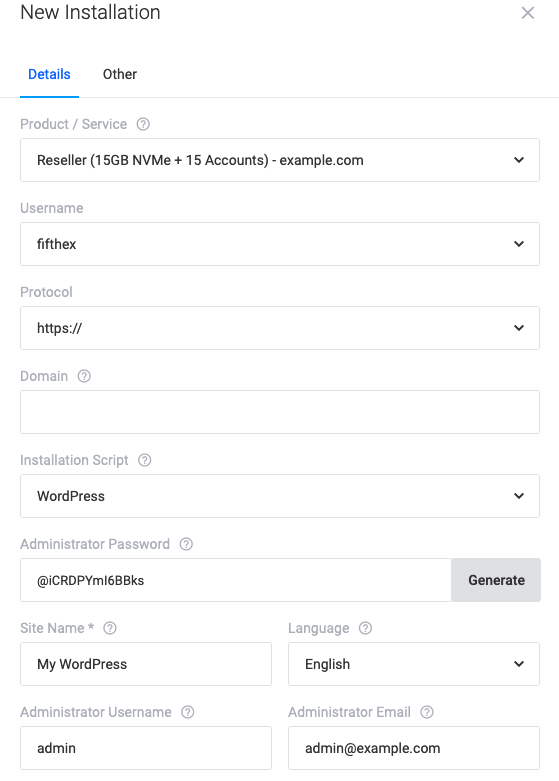 Screenshot: New Installation Form Pop-Up