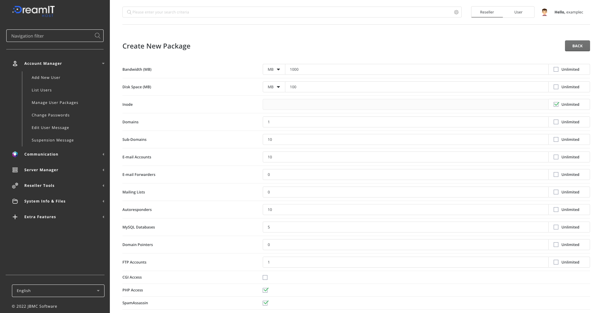 DirectAdmin: Creating User Packages