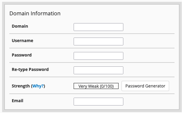 Screenshot: Create a New Account in WHM Domain Information Section