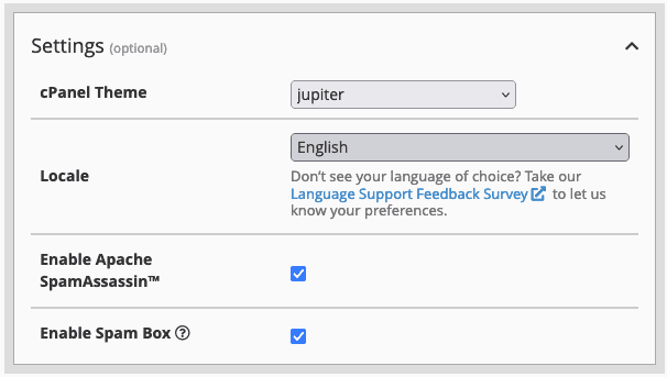 Screenshot: Create a New Account in WHM Settings Section