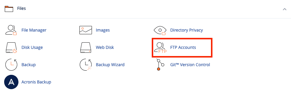 Screenshot: Files Section of cPanel Highlighting FTP Accounts