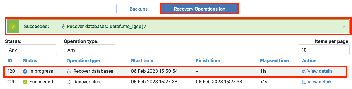 Screenshot: Recovery Operations Log