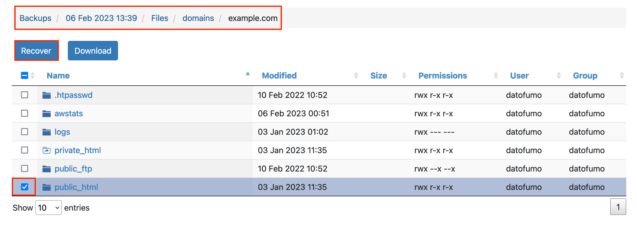 Screenshot: List of Folders Under the Files Backups