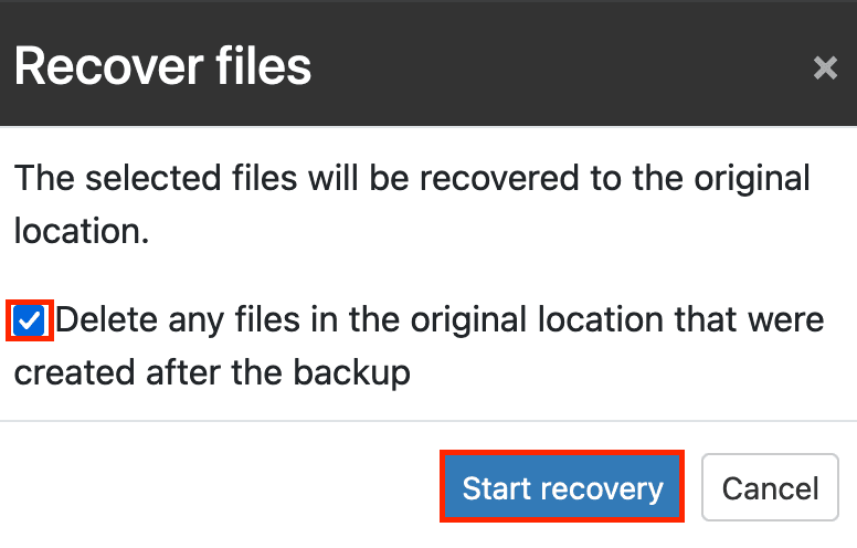 Screenshot: Recover Files Pop-Up Box