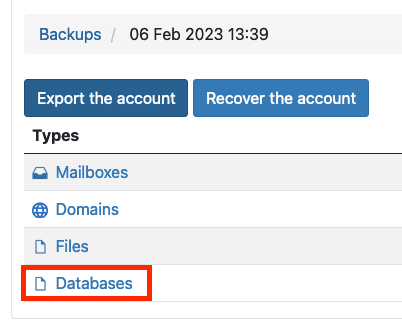 Screenshot: Types of Backups List Highlighting Databases