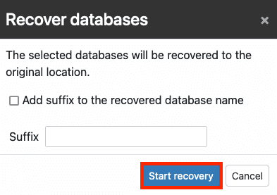 Screenshot: Recover Databses Pop-Up with Suffix Option