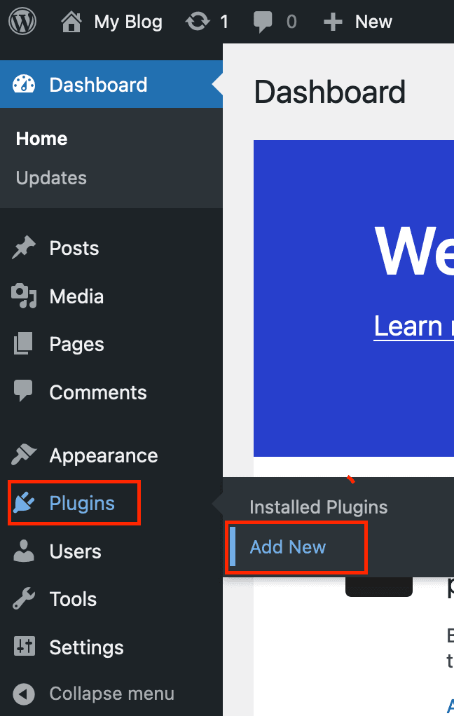 Screenshot: WordPress Backend Left-Hand Side Panel Highlighting "Plugins" > "Add New"