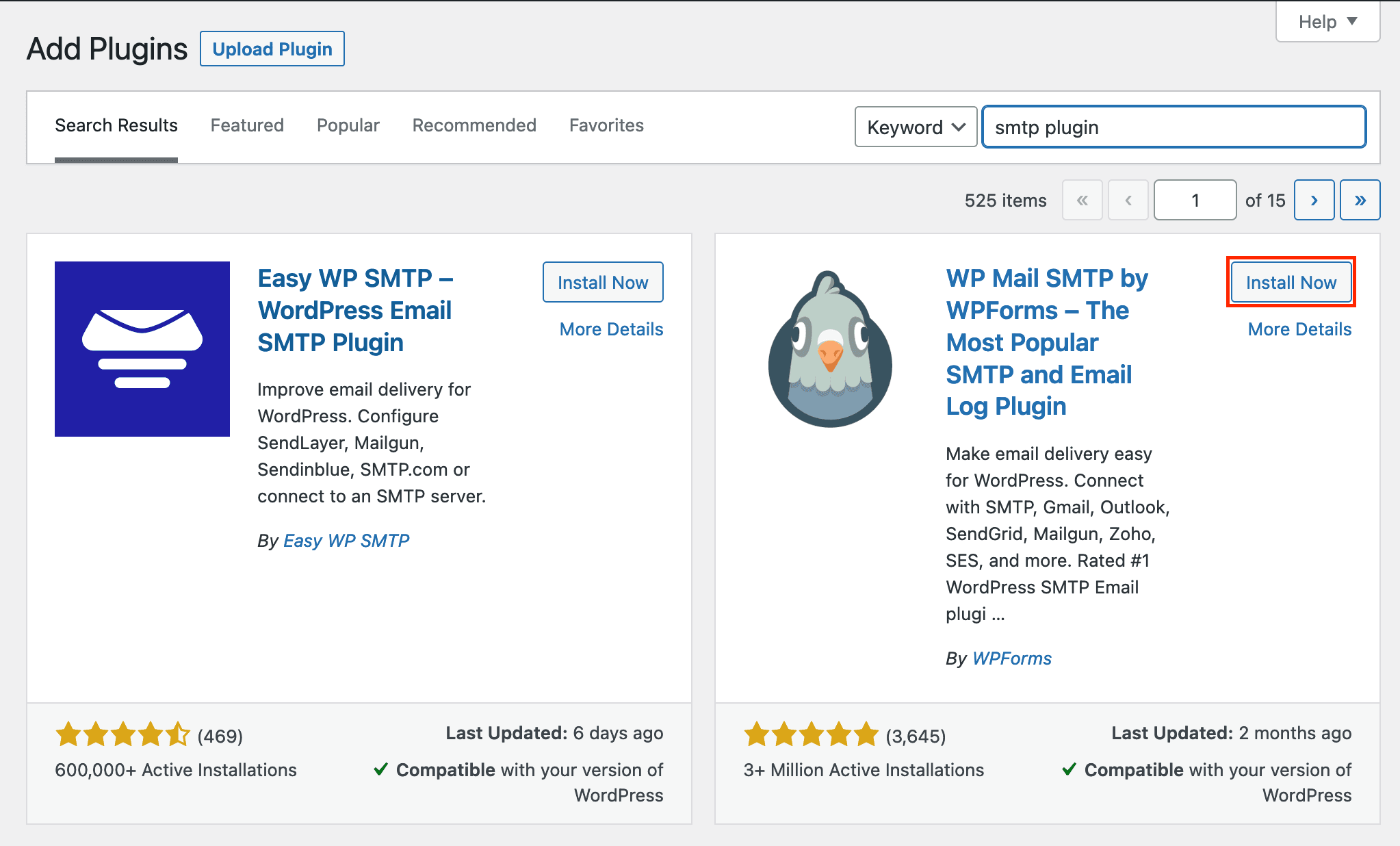 Screenshots: SMTP Plugin Search Results Highlighting the "Install Now" Button for WP Mail SMTP Plugin
