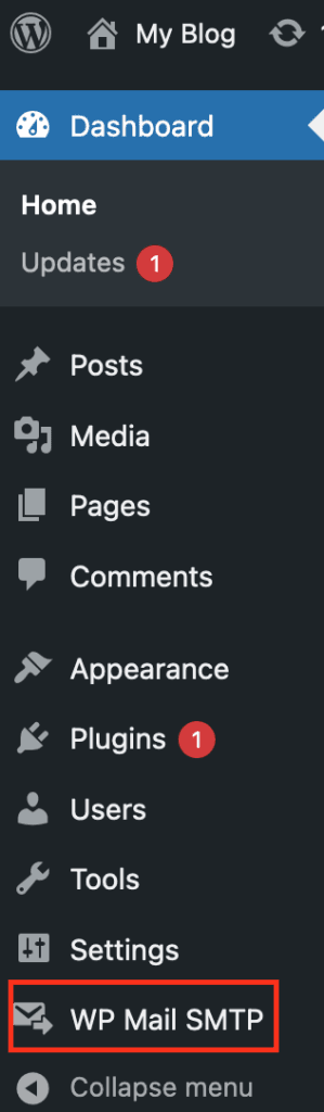 Screenshot: WordPress Backend Left-Hand Side Panel Highlighting "WP Mail SMTP"