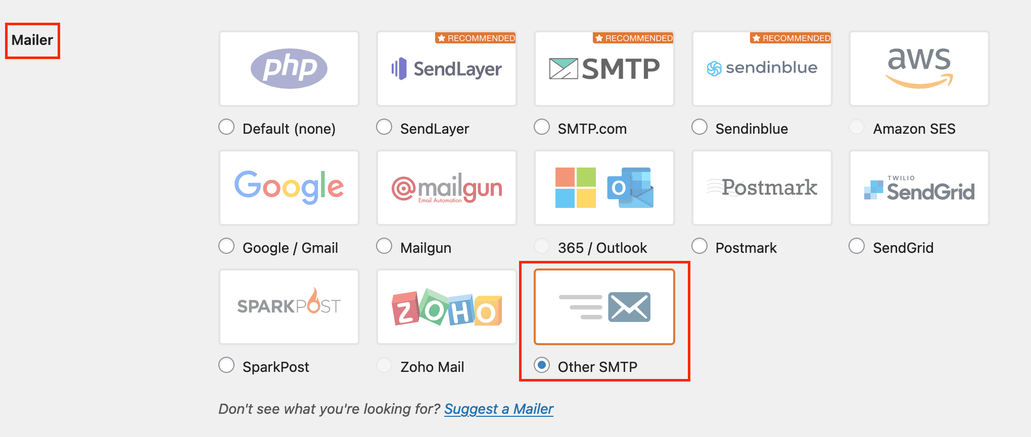 Screenshot: Mailer Section Highlighting "Other SMTP"