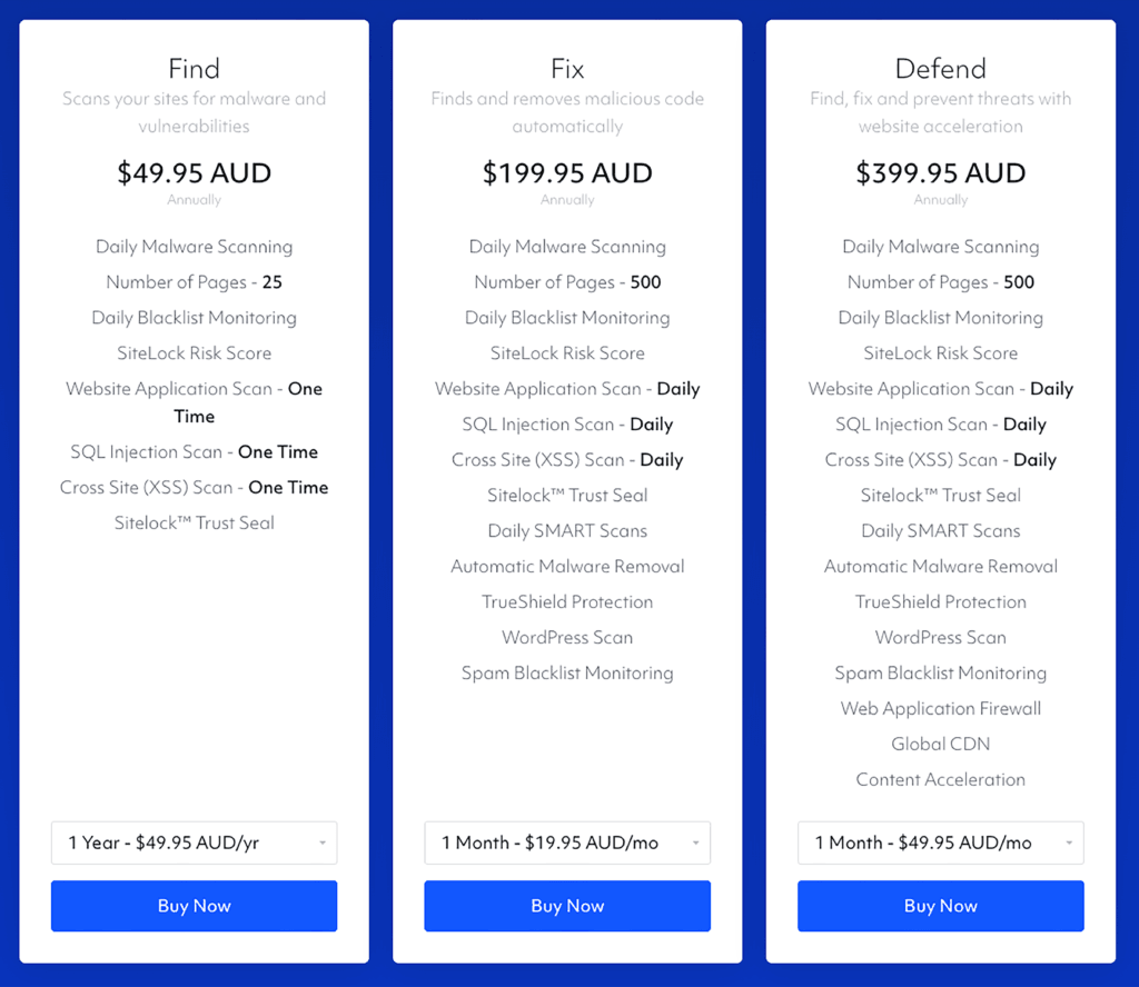 SiteLock Plan Options