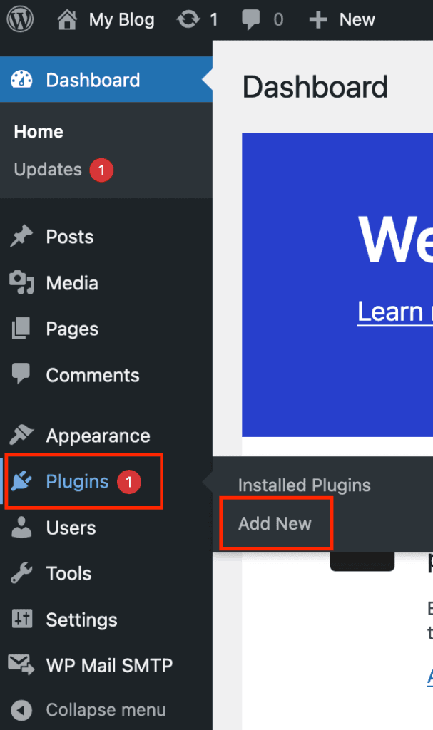 Screenshot: WordPress Panel Highlighting Plugins > Add New