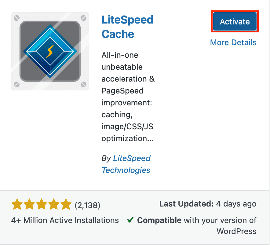Screenshot: LiteSpeed Cache Plugin with 'Activate' Button
