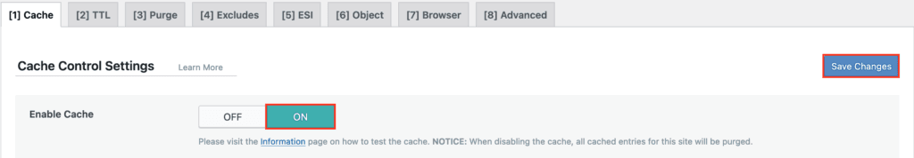 Screenshot: Cache Control Settings Page