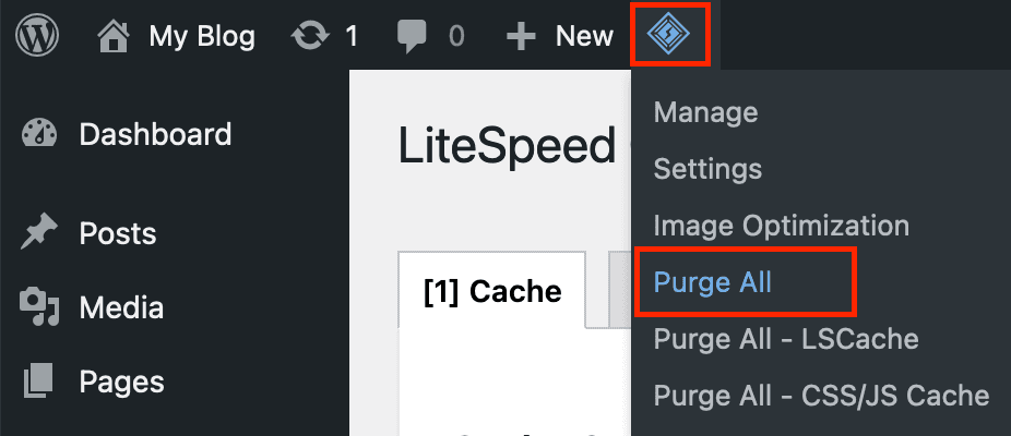 Screenshot: LiteSpeed Cache Shortcut Drop-Down Menu Highlighting Purge All