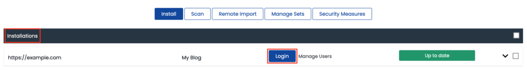 Screenshot: Installations Section with List of WordPress Installations
